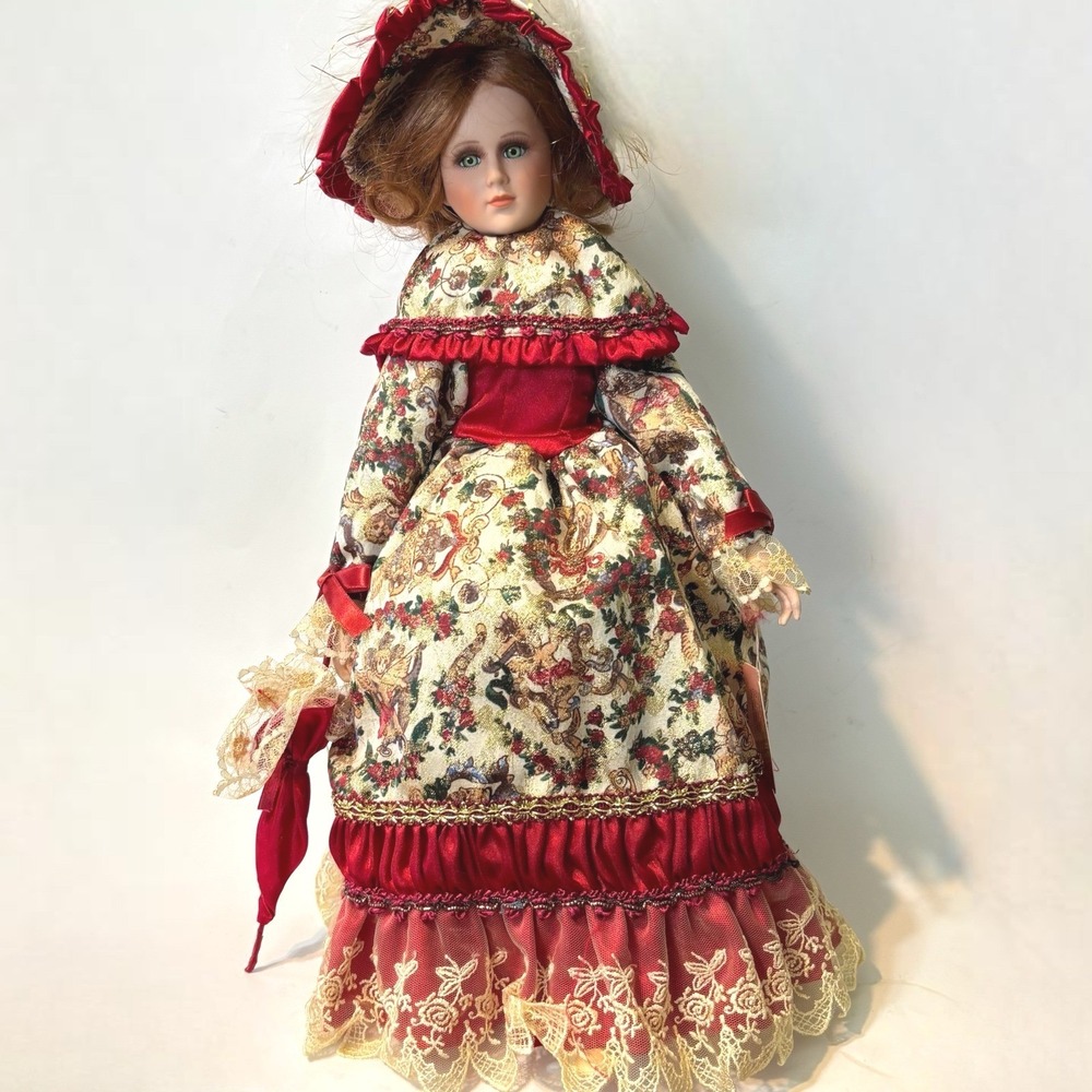Vintage Victorian Christmas Porcelain Doll Red Holiday Floral Gown Bonnet